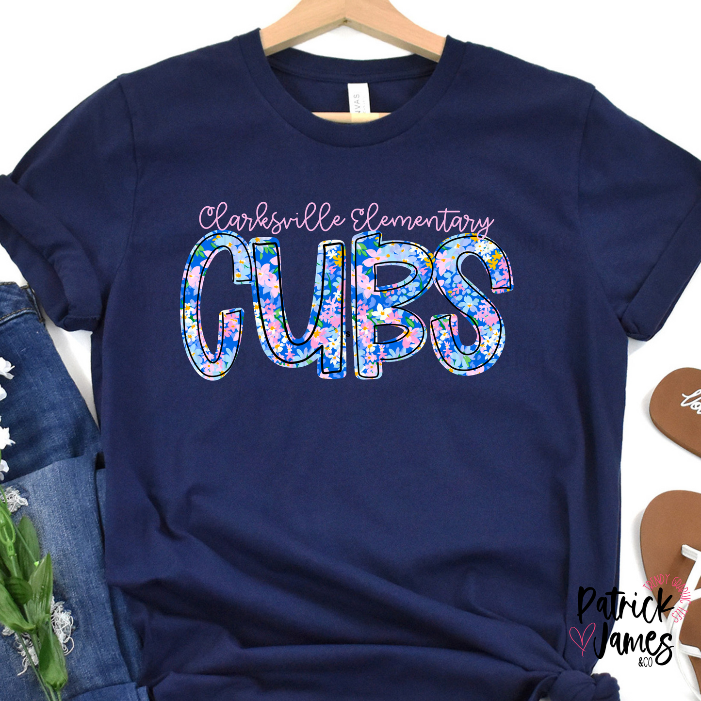 Clarksville Elementary Spring Floral Spirit Wear - Navy - SHORT SLEEVE