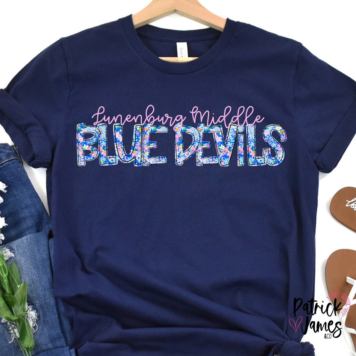 Lunenburg Middle Spring Floral Spirit Wear - Navy - SHORT SLEEVE